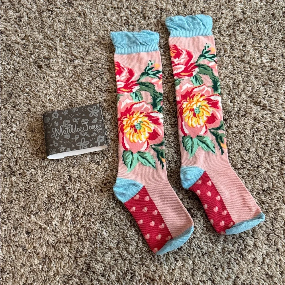 Matilda Jane Pink Floral Knee-High Socks with Blue Trim  “Skip to My Lou” Small